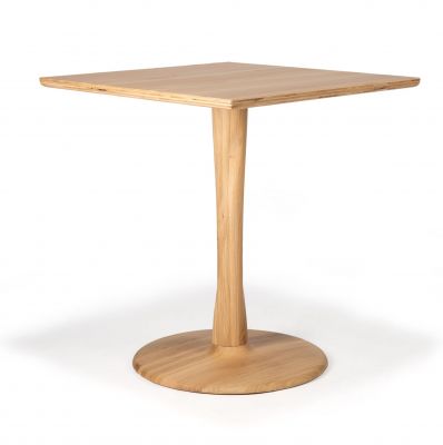 Quadratischer Ethnicraft Torsion Esstisch aus Eiche mit zentralem, gedrechseltem Bein und runder Basis.